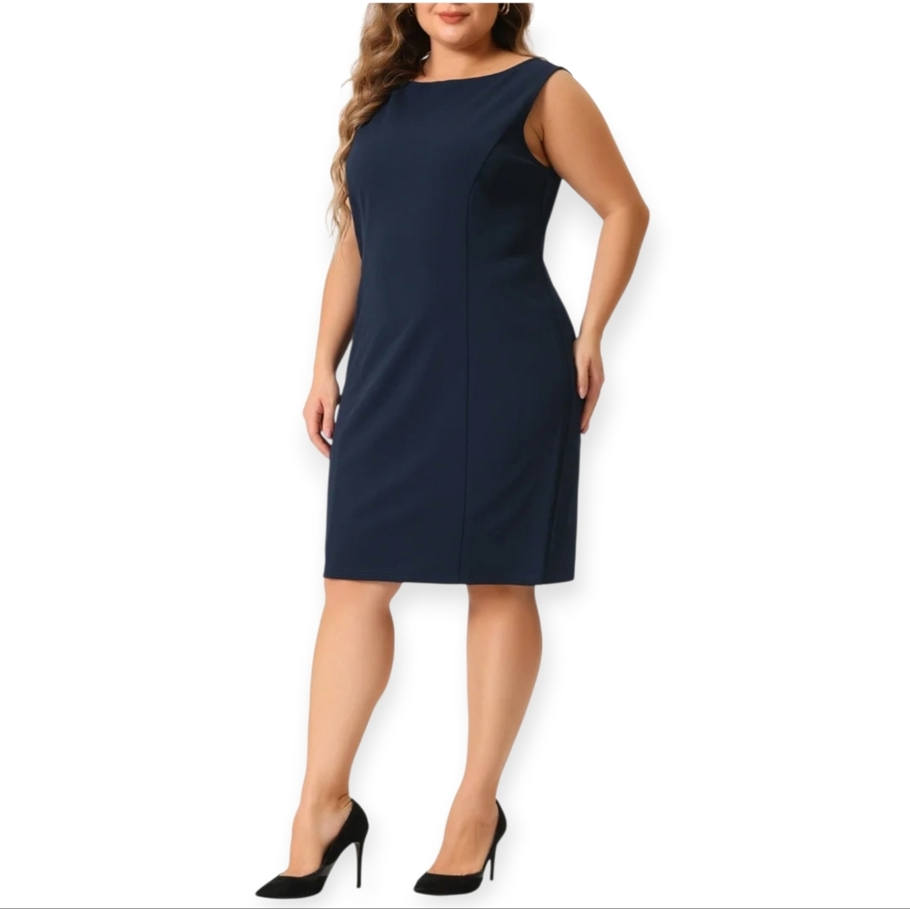 Tahari Navy Sleeveless Sheath Midi Dress
